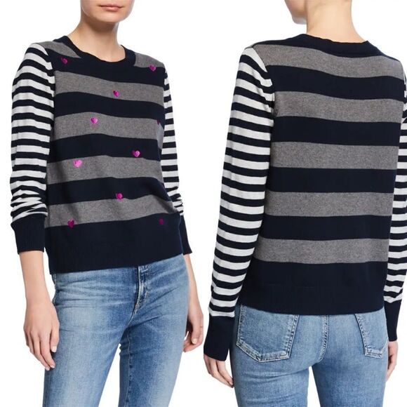 Lisa Todd Skip A Beat Multi-Stripe Cotton Cashmere Sweater w/ Embroidered Hearts - Picture 1 of 8